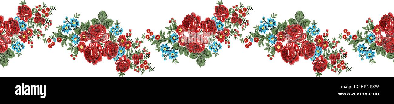 Broderie florale authentique, roses rouges border pattern. Vintage style. Illustration de Vecteur