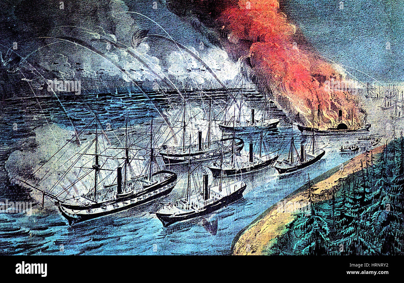 Guerre civile américaine, la flotte de Farragut à Port Hudson, 1863 Banque D'Images