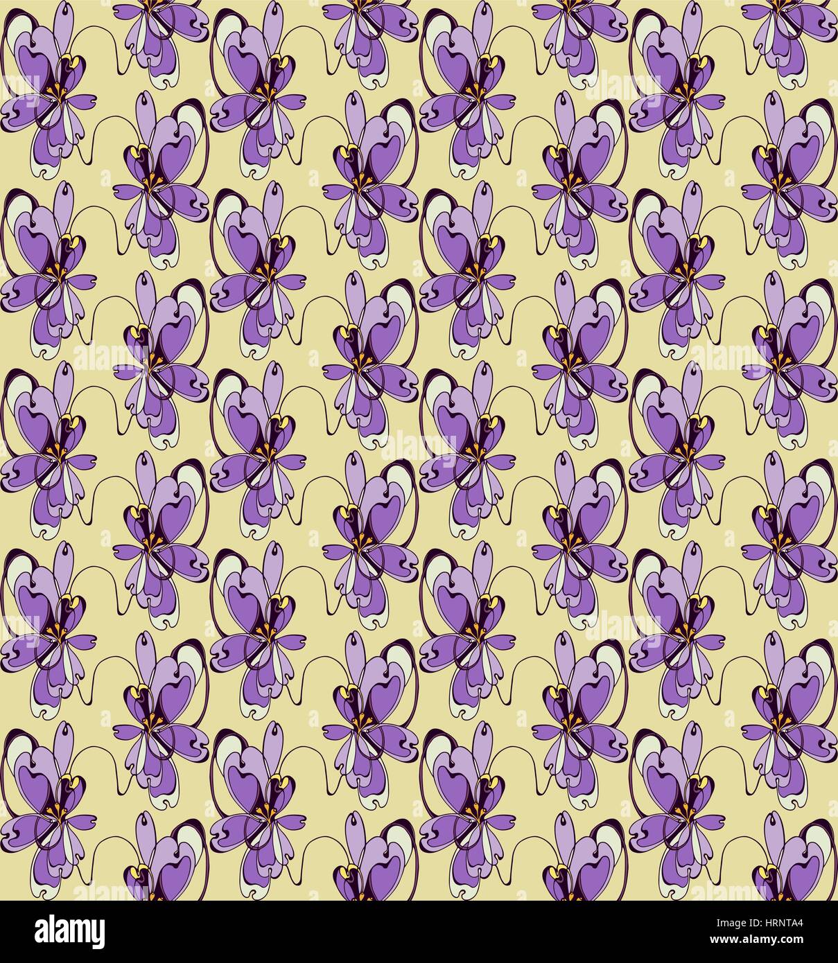 Motif floral vectoriel continu. Tangle dessiné à la main l'art décoratif fleurs violettes sur fond jaune. Le design textile. Illustration de Vecteur