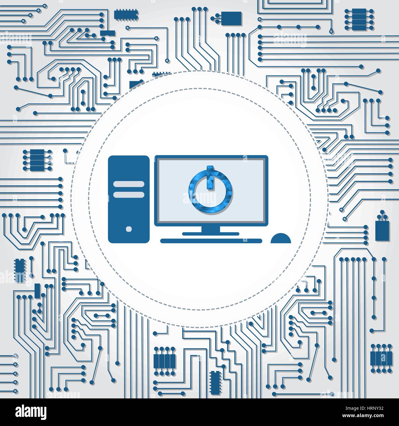 Circuit électronique arrière-plan. PC avec le bouton d'arrêt, sur l'écran. Illustration de Vecteur
