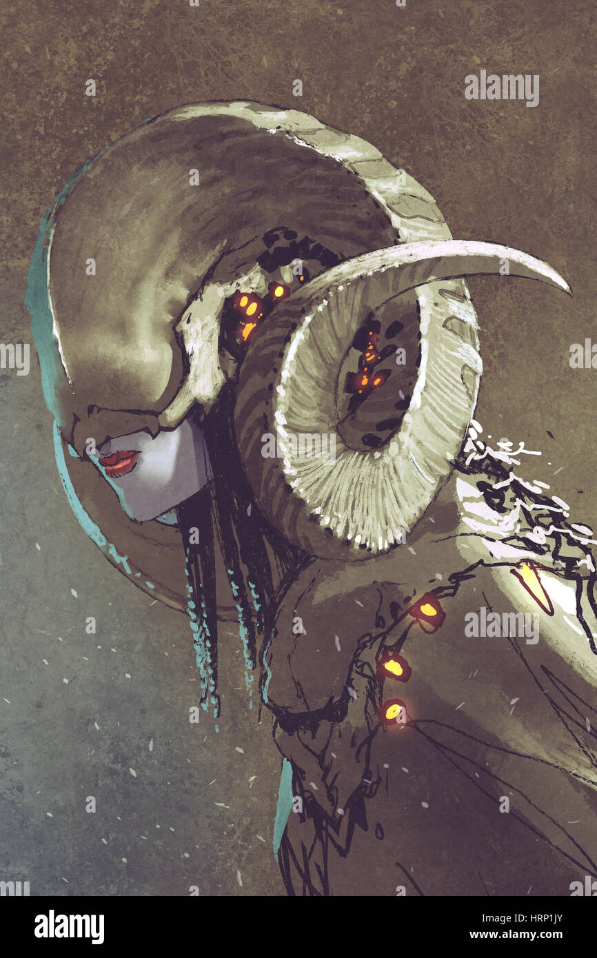 Dark fantasy créature humaine avec cornes enroulées,illustration peinture Banque D'Images
