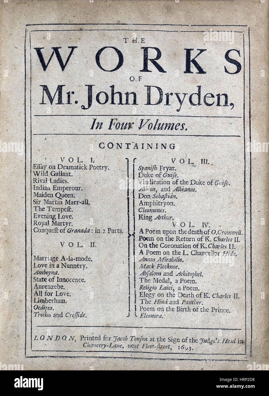 Œuvres de John Dryden, Page de titre, 1693 Banque D'Images