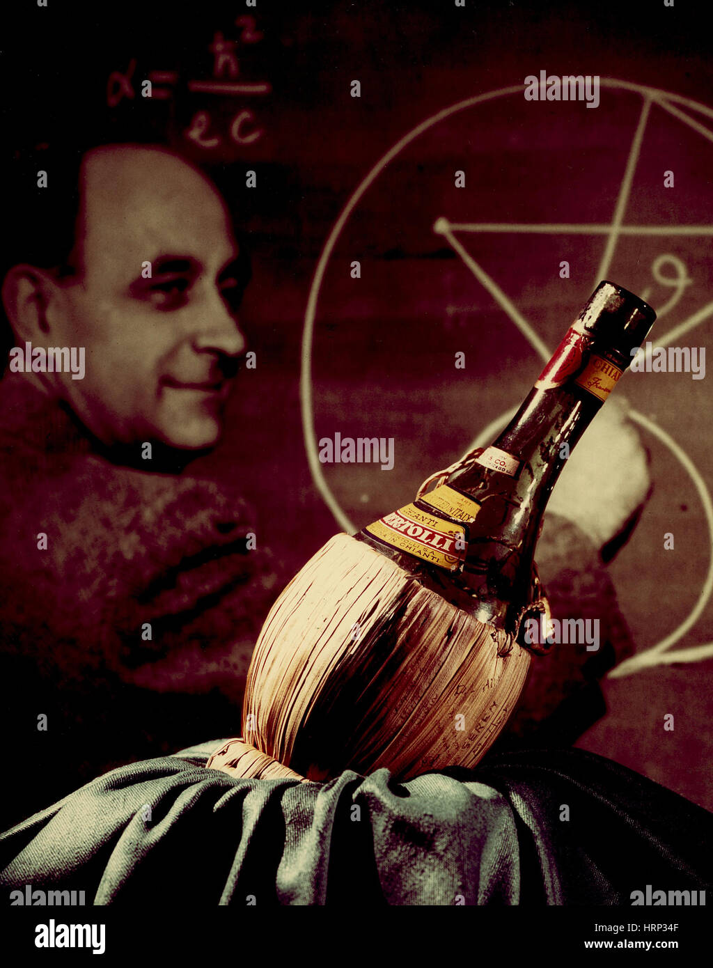 Montage photographique de Fermi avec le CP-1 bouteille de Chianti. Chicago Pile-1 (CP-1) a été le premier réacteur nucléaire. Banque D'Images