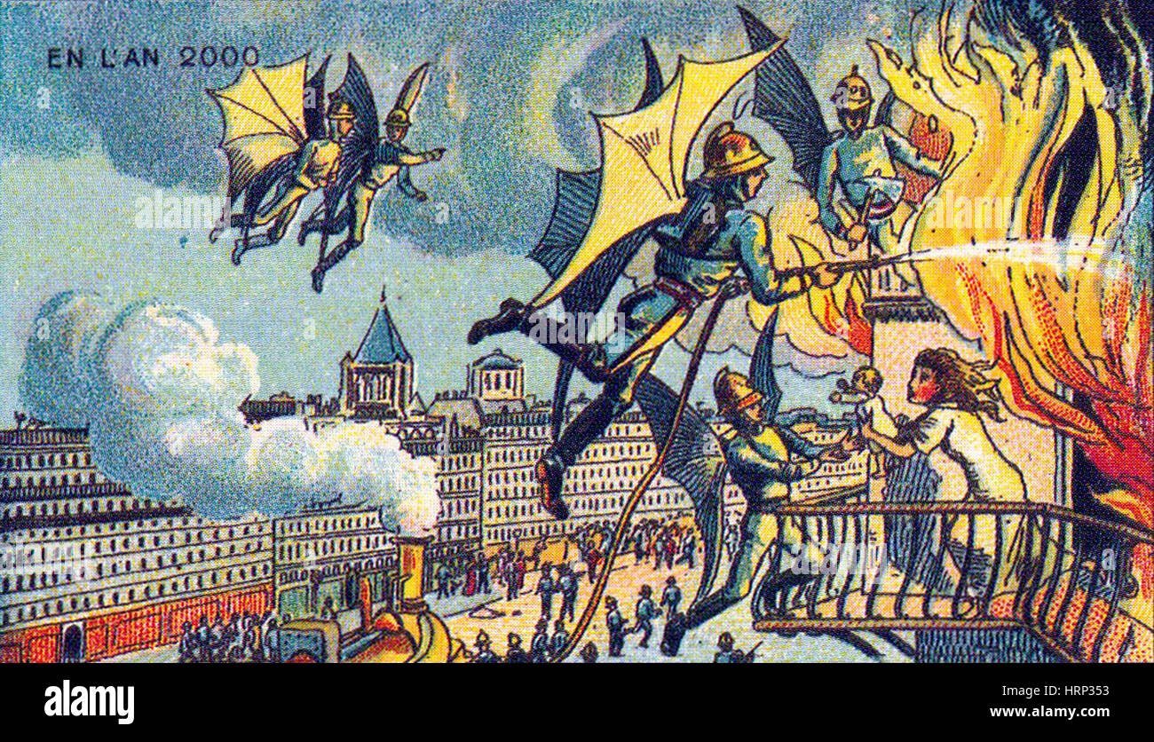 Les pompiers volants, années 1900 Carte postale Française Banque D'Images