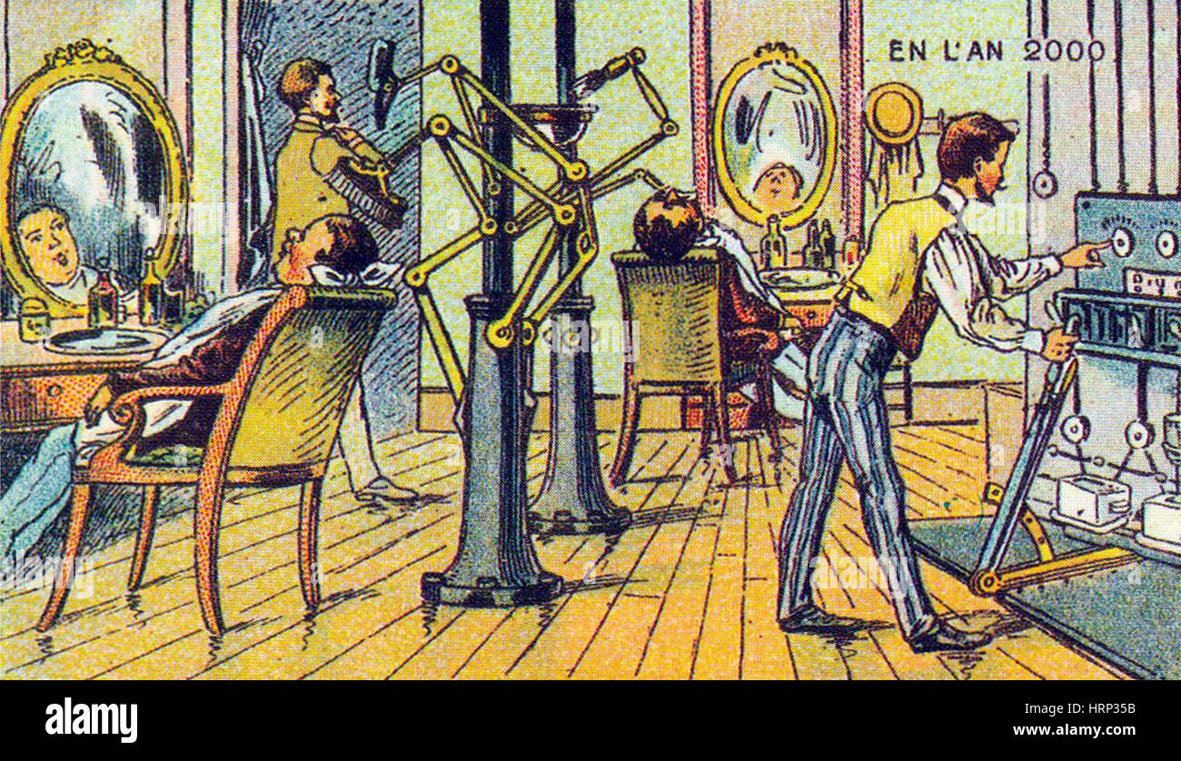 Salon de coiffure, mécanique des années 1900 Carte postale Française Banque D'Images