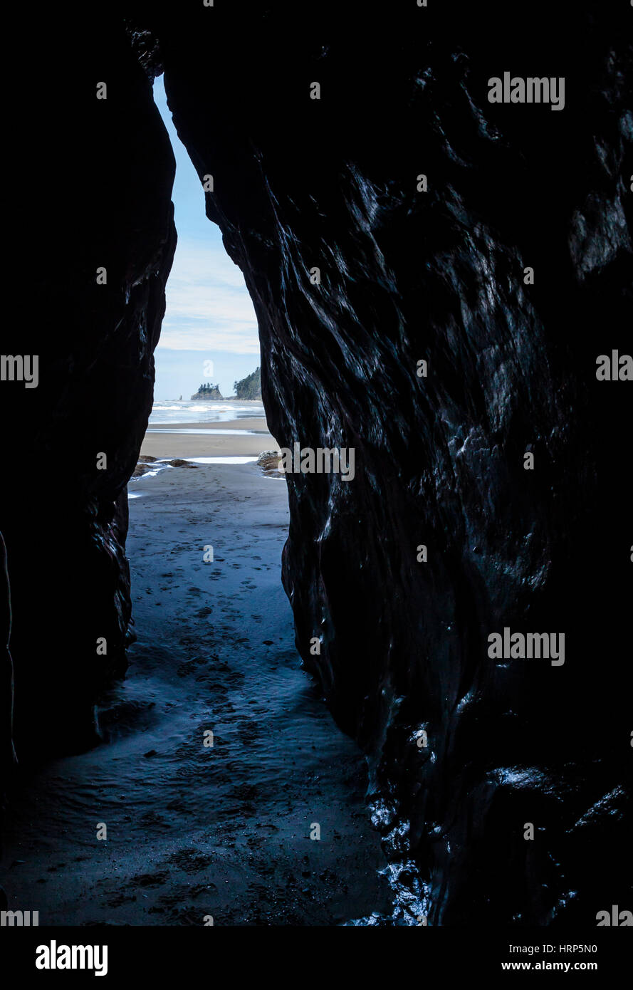À la recherche d'une caverne sur la 2ème plage, Olympic National Park, Washington, USA. Banque D'Images