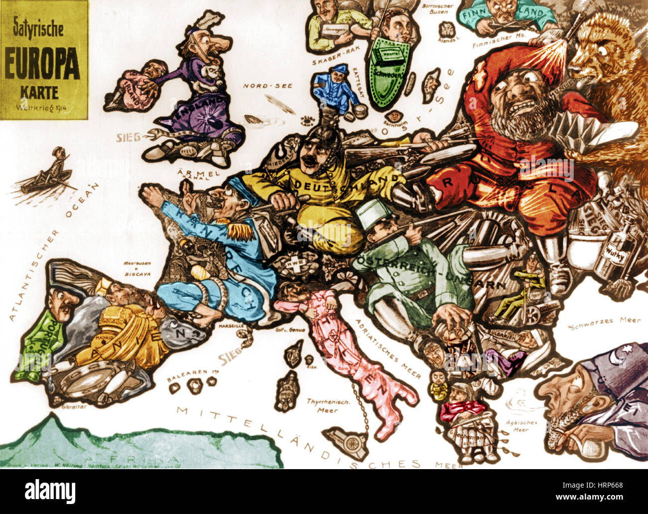La première guerre mondiale, guerre satirique Carte de l'Europe, 1914 Banque D'Images