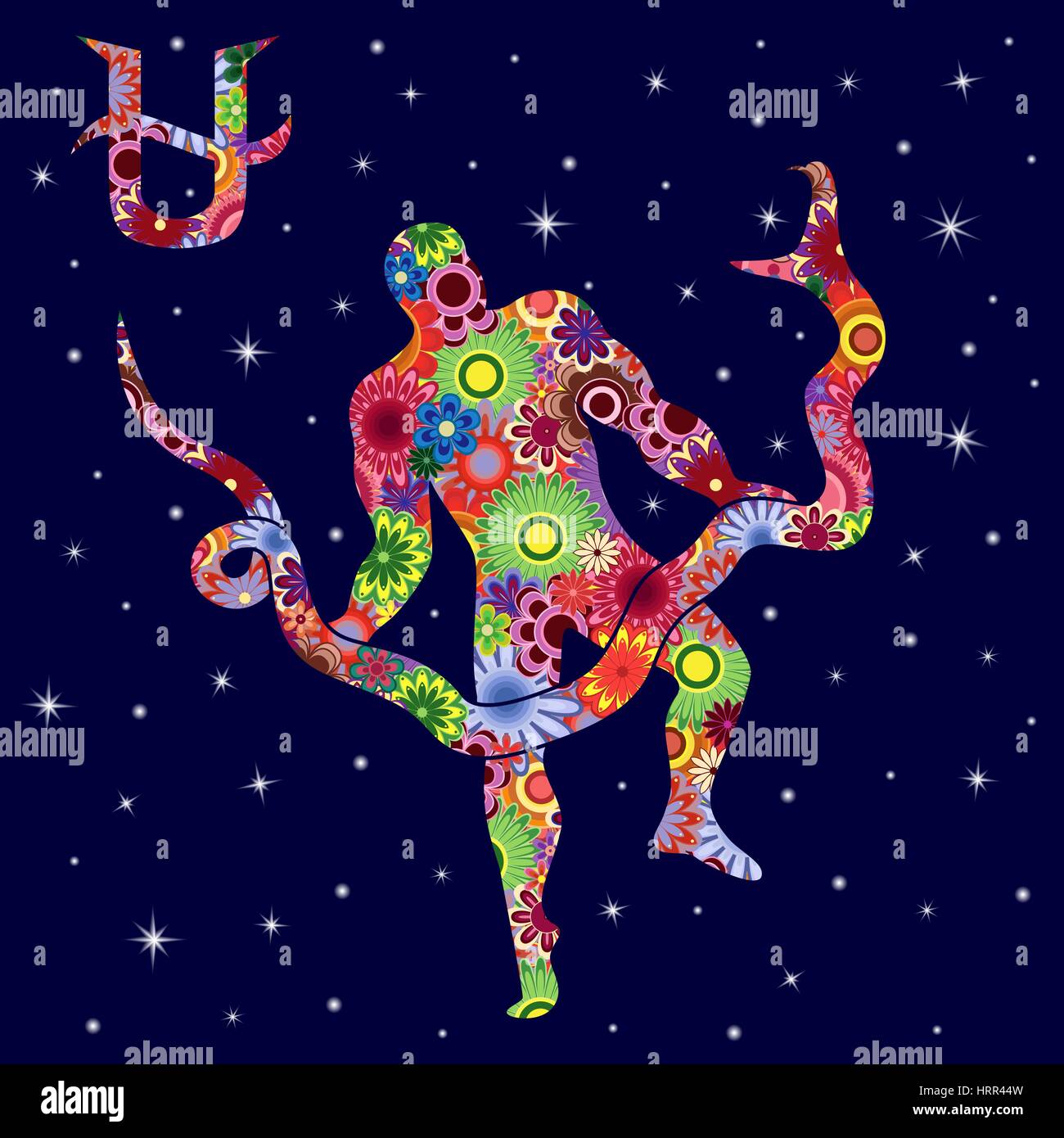 Autre treizième signe du zodiaque Ophiuchus remplir avec des fleurs colorées sur un fond de ciel étoilé bleu foncé, vector illustration Illustration de Vecteur