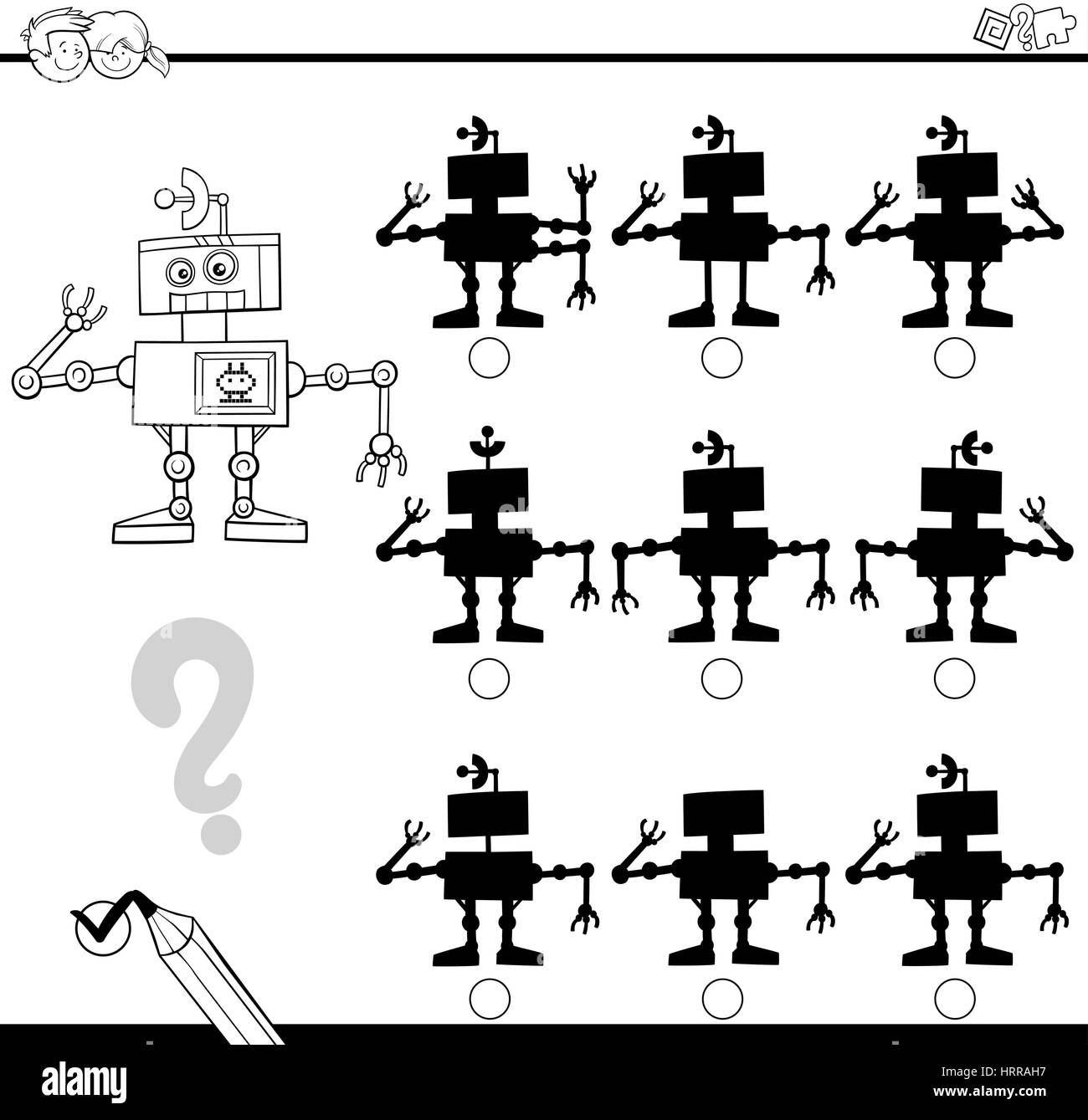 Cartoon noir et blanc Illustration de trouver l'ombre sans différences activité éducative pour les enfants avec Coloriage Robot Illustration de Vecteur