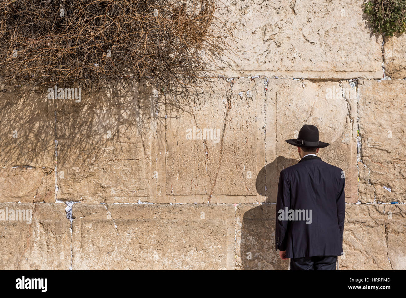 L'homme Juif orthodoxe priant au mur des lamentations, Jérusalem, Israël Banque D'Images