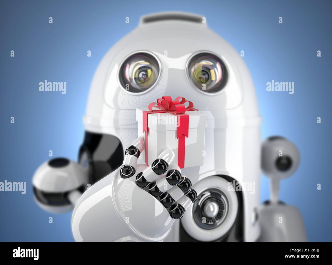 Robot-holding gift box. DOF avec rendu 3d effet. Technologie concept Banque D'Images