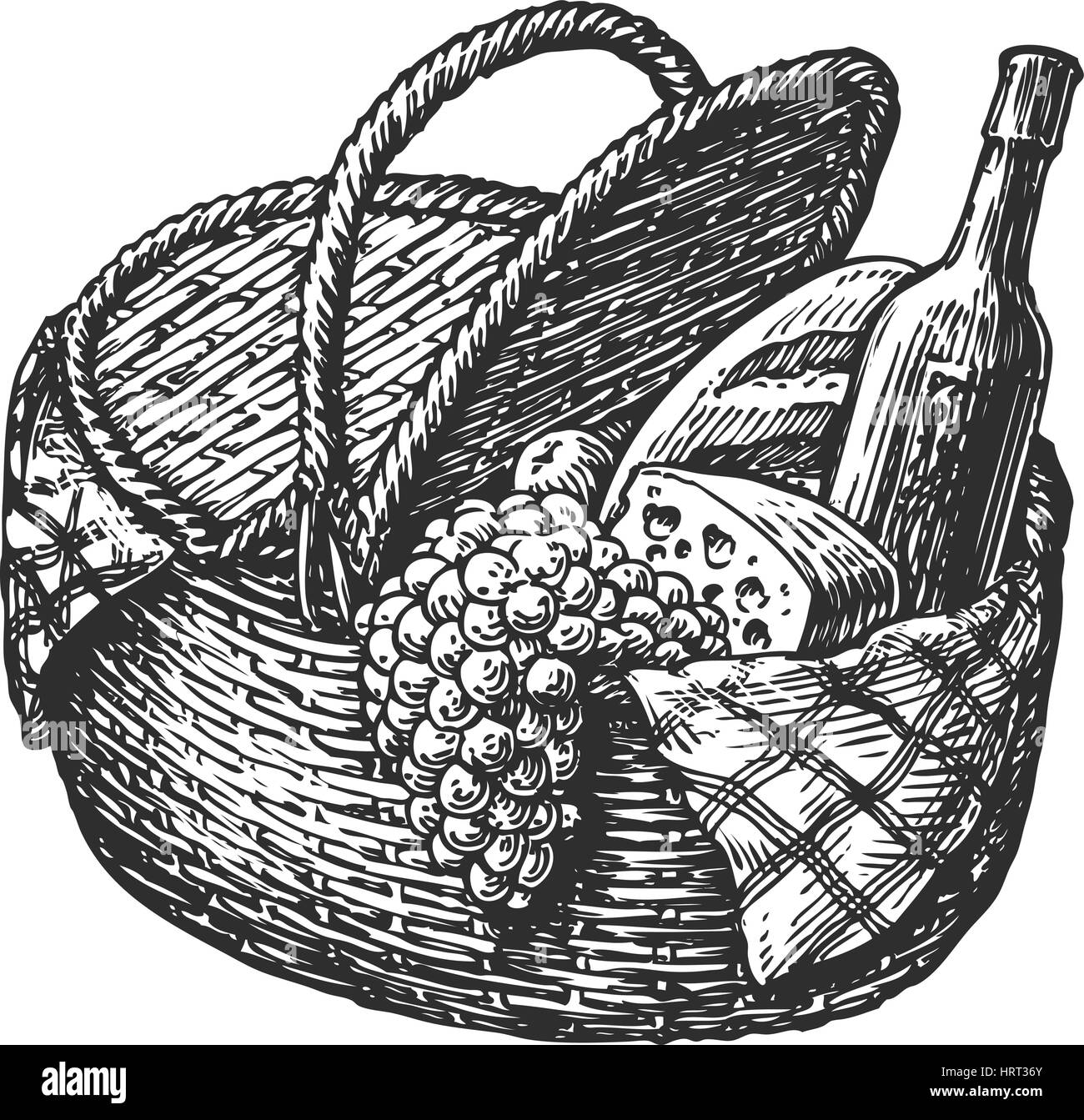 Panier de pique-nique en osier Vintage ou un panier avec de la nourriture comme une bouteille de vin, fromage, pain, les raisins. Vector illustration croquis Illustration de Vecteur