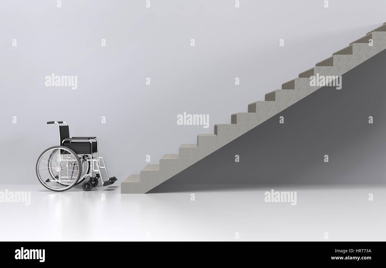 Fauteuil roulant dans les escaliers avant de rendu 3D Banque D'Images