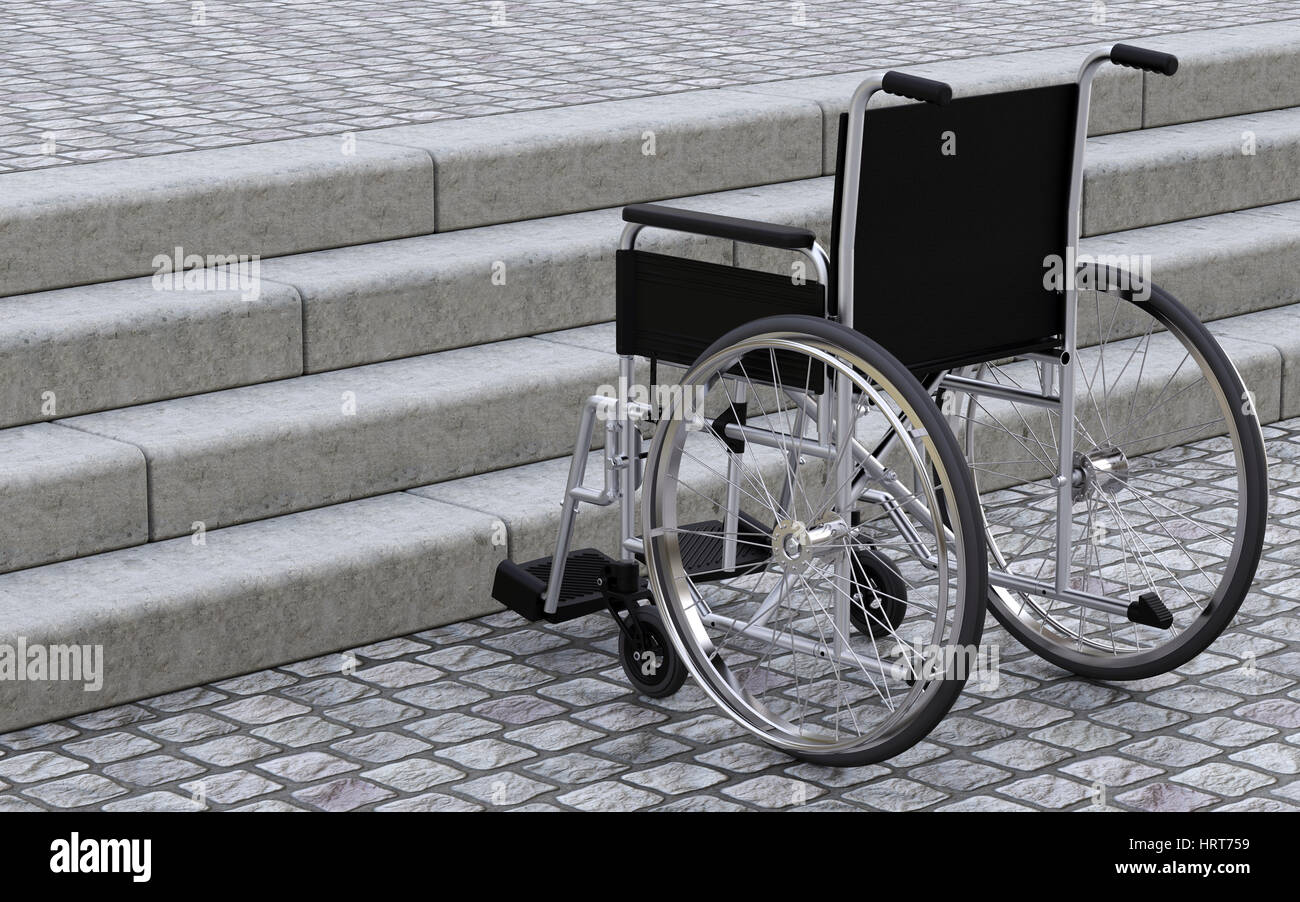 Fauteuil roulant dans les escaliers avant de rendu 3D Banque D'Images