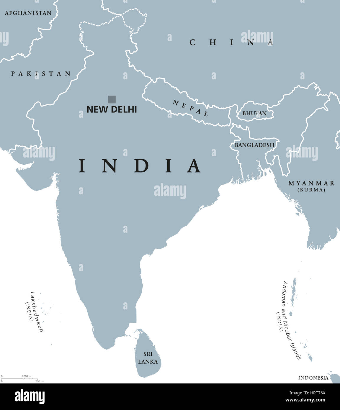 Carte politique de l'Inde à New Delhi, capitale des frontières nationales et les pays voisins. République et sous-continent indien, en Asie du Sud. Banque D'Images