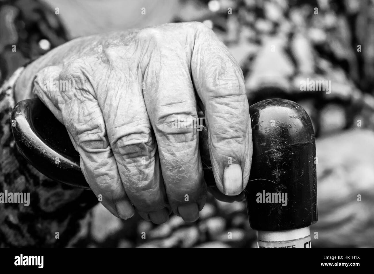 Image en noir et blanc de la main d'une femme âgée, sur un bâton de marche. Voir CRJ5F0 pour la version couleur. Banque D'Images