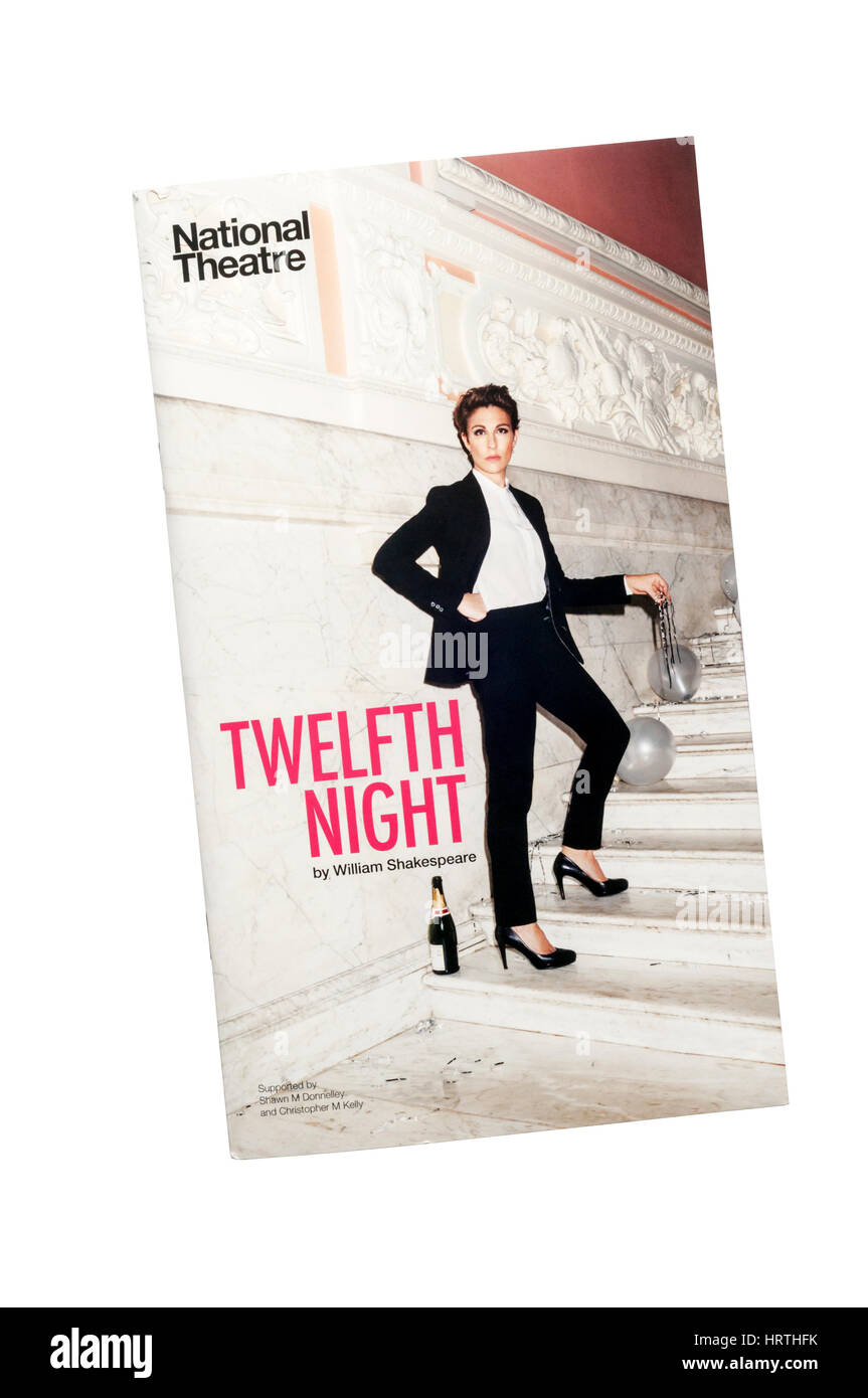 Programme de théâtre Théâtre National de 2017 production de la Nuit des rois de William Shakespeare. Avec Tamsin Greig comme une femelle nommée Malvolio Malvolia. Banque D'Images