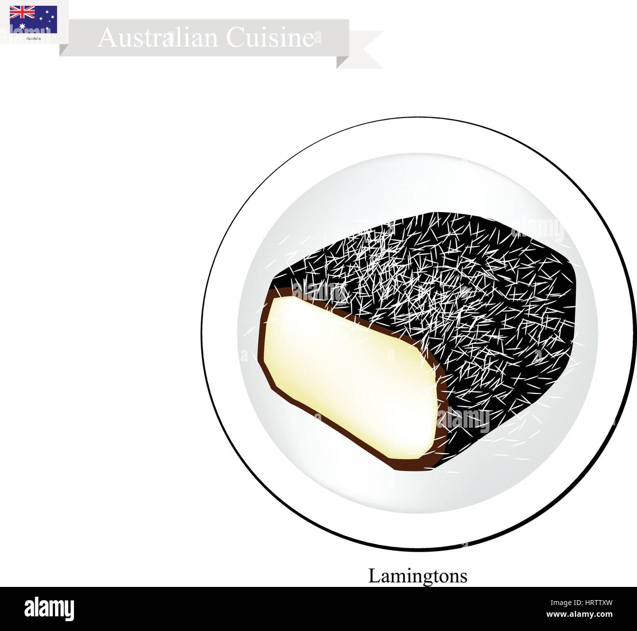 La cuisine australienne, ou traditionnel Lamington gâteau carré avec glaçage au chocolat et noix de coco râpée. Le gâteau national d'Australie. Illustration de Vecteur