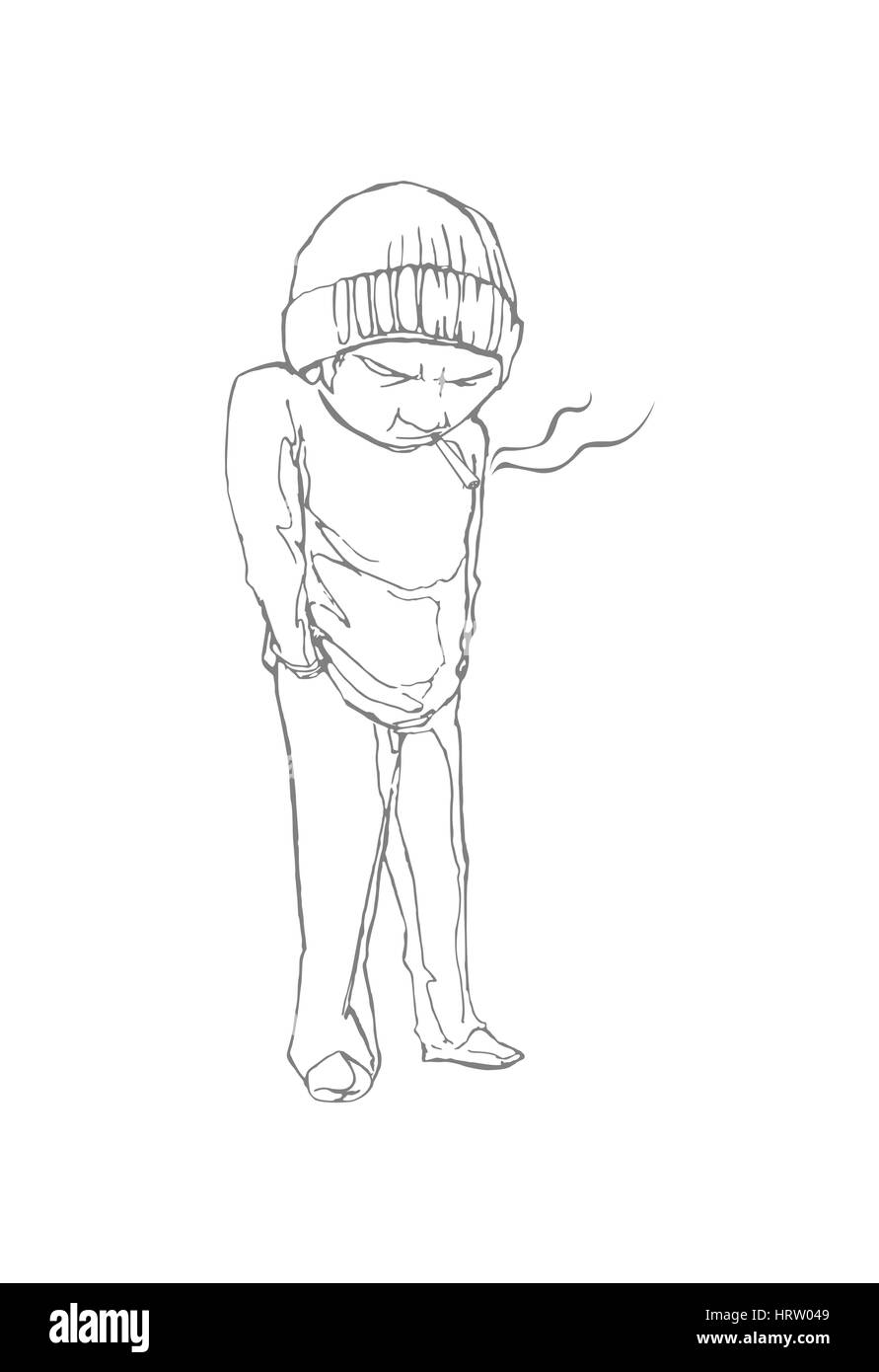 Garçon sans-abri avec une cigarette. Le schéma. EPS 8 Illustration de Vecteur