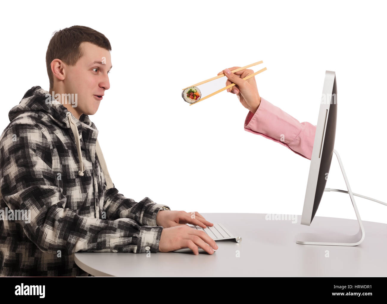 L'alimentation et de commande Internet jeune homme Livraison instantanée permet à la main de l'ordinateur de l'agent s'affiche à l'écran pour fournir instantanément holding de sus Banque D'Images