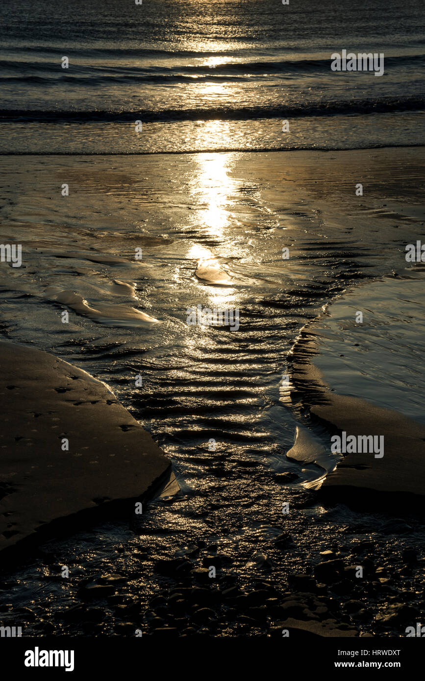 L'eau s'écoule sur la plage de sable de la mer à Hunmanby sands, Filey bay, North Yorkshire. Belle Lumière du soleil du matin sur l'eau. Banque D'Images