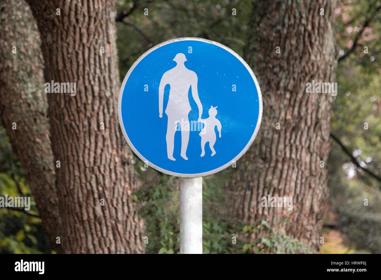 Route piétonne signe sur pole.Les panneaux pour piétons avec la silhouette d'un enfant avec un parent. Banque D'Images