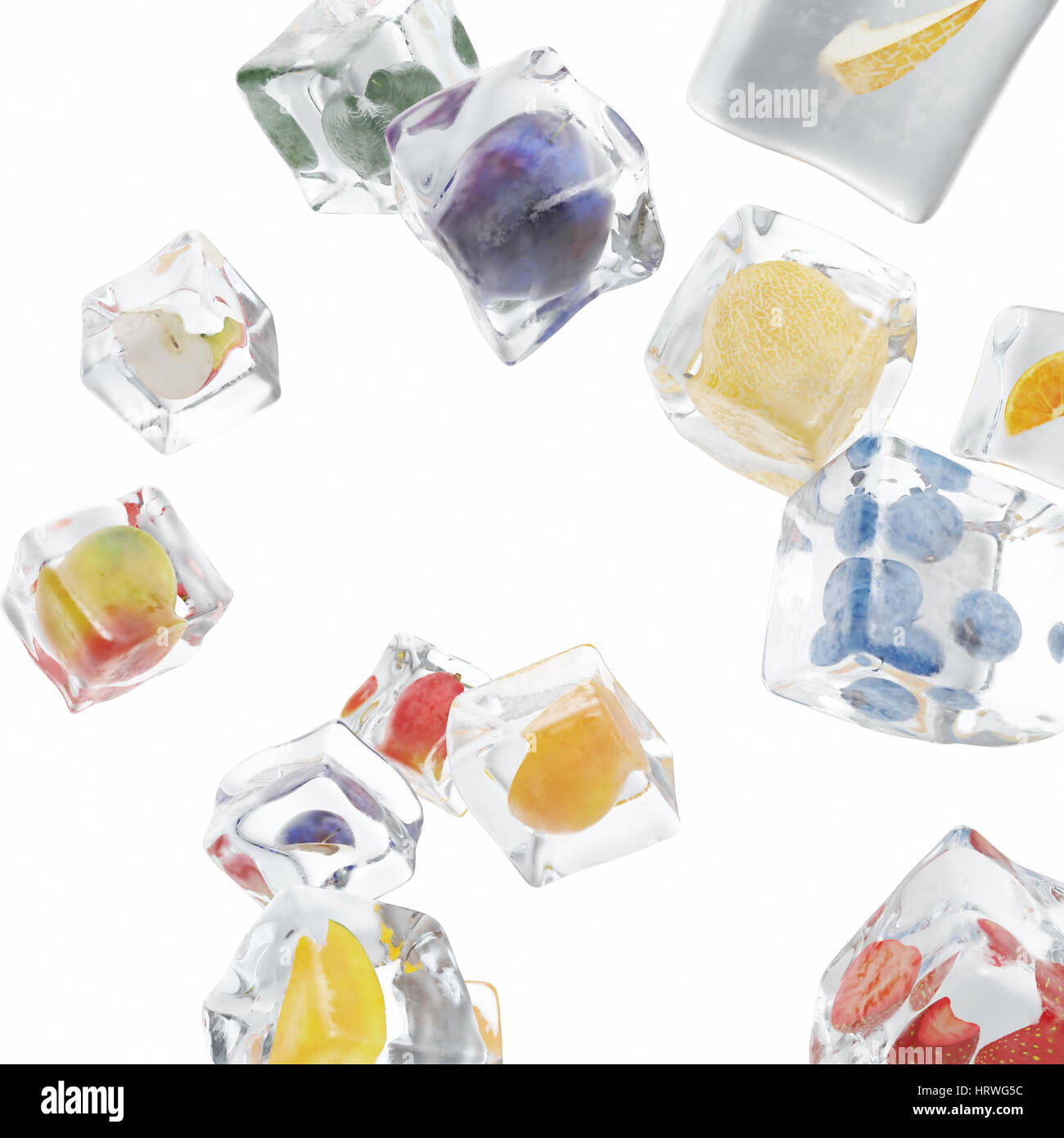 Les fruits congelés dans ice cube, ice cube en vue de face, seul glaçon isolé sur fond blanc, 3D Rendering Banque D'Images
