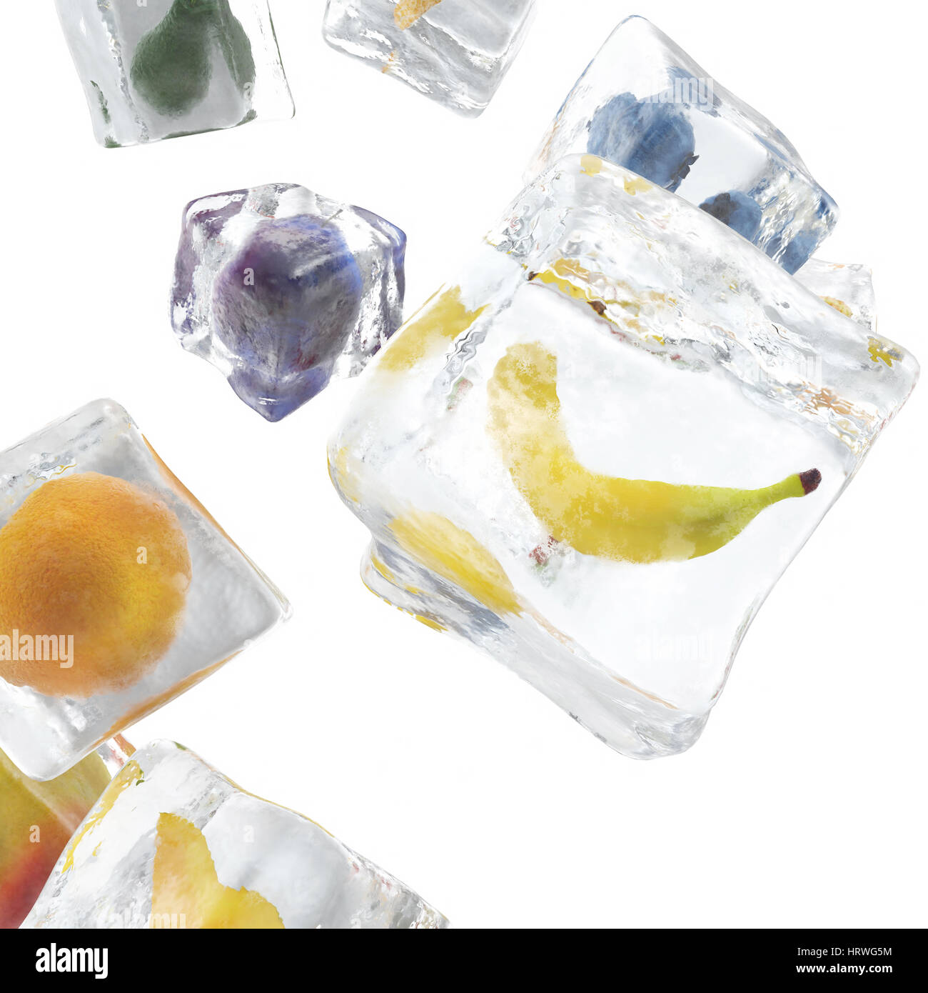 Les fruits congelés dans ice cube, ice cube en vue de face, seul glaçon isolé sur fond blanc, 3D Rendering Banque D'Images