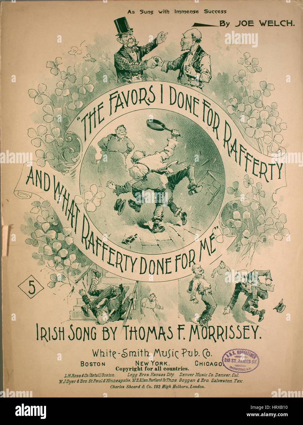 Sheet Music image de couverture de la chanson 'Les faveurs je fait pour et ce que Rafferty Rafferty fait pour moi chanson irlandaise', avec l'auteur original "Lecture notes Paroles et musique par Thomas F Morrissey Arr par HG Peters', United States, 1893. L'éditeur est répertorié comme "White-Smith Music Pub. Co.', la forme de la composition est "avec chœur trophique', l'instrumentation est 'piano et voix", la première ligne se lit "J'ai respecté Michael Rafferty et toujours bien servi de lui', et l'illustration artiste est répertorié comme 'Aucun'. Banque D'Images