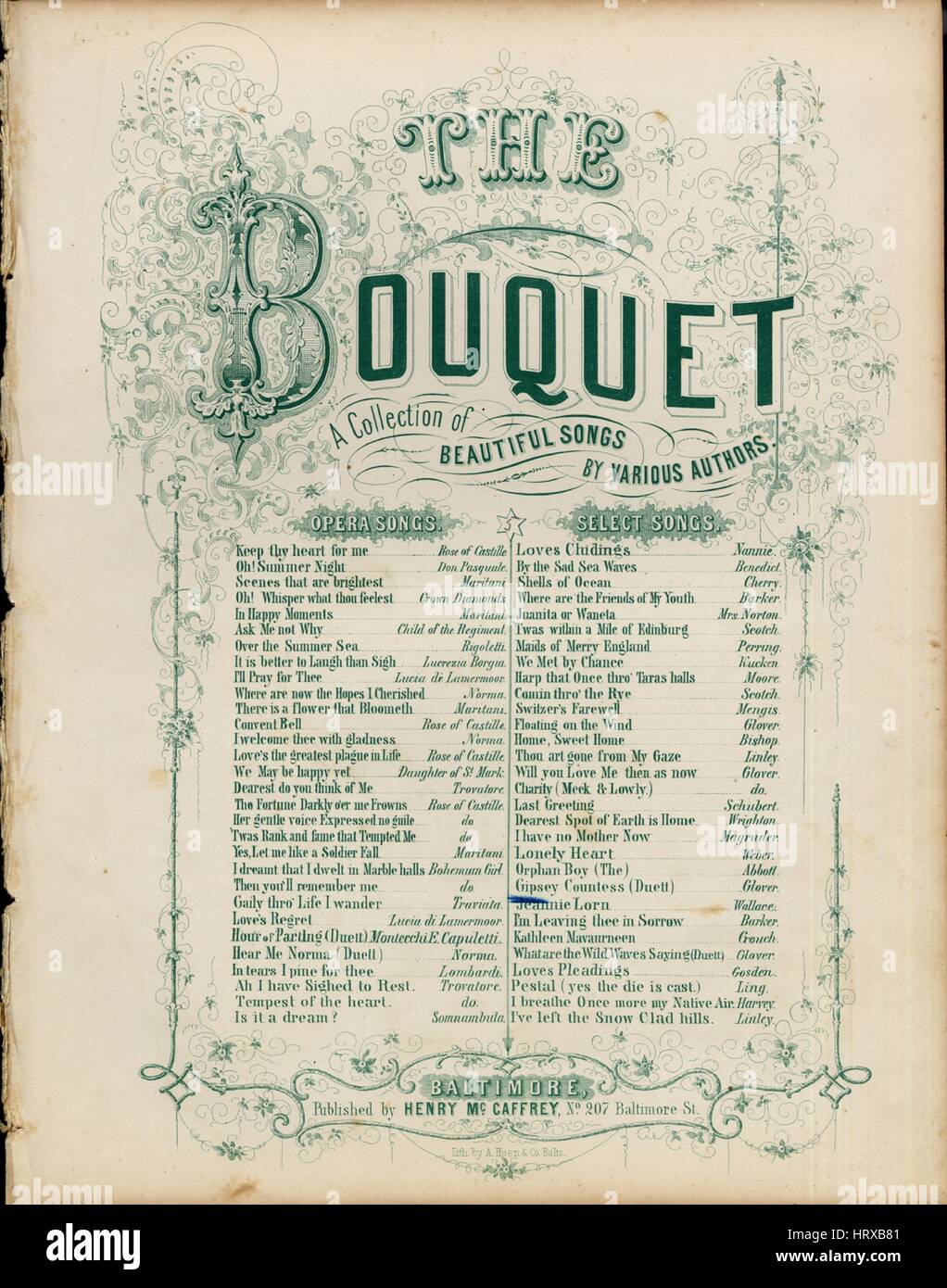 Sheet Music image de couverture de la chanson 'La Comtesse Gitane Titre de la série Le bouquet Une collection de belles chansons, avec des notes de l'auteur original "mots de Mme Crawford Musique par Stephen Glover', United States, 1900. L'éditeur est répertorié comme "Henry McCaffrey, No207 Baltimore St.', la forme de composition trophique', 'est l'instrumentation est 'piano et voix [duo]', la première ligne se lit 'Oh ! Comment une pauvre jeune fille tsigane comme moi, jamais espérer le fier mariée de un noble d'être ?', et l'illustration artiste est répertorié comme 'Lith. par A. Hoen et Co. Balto.'. Banque D'Images