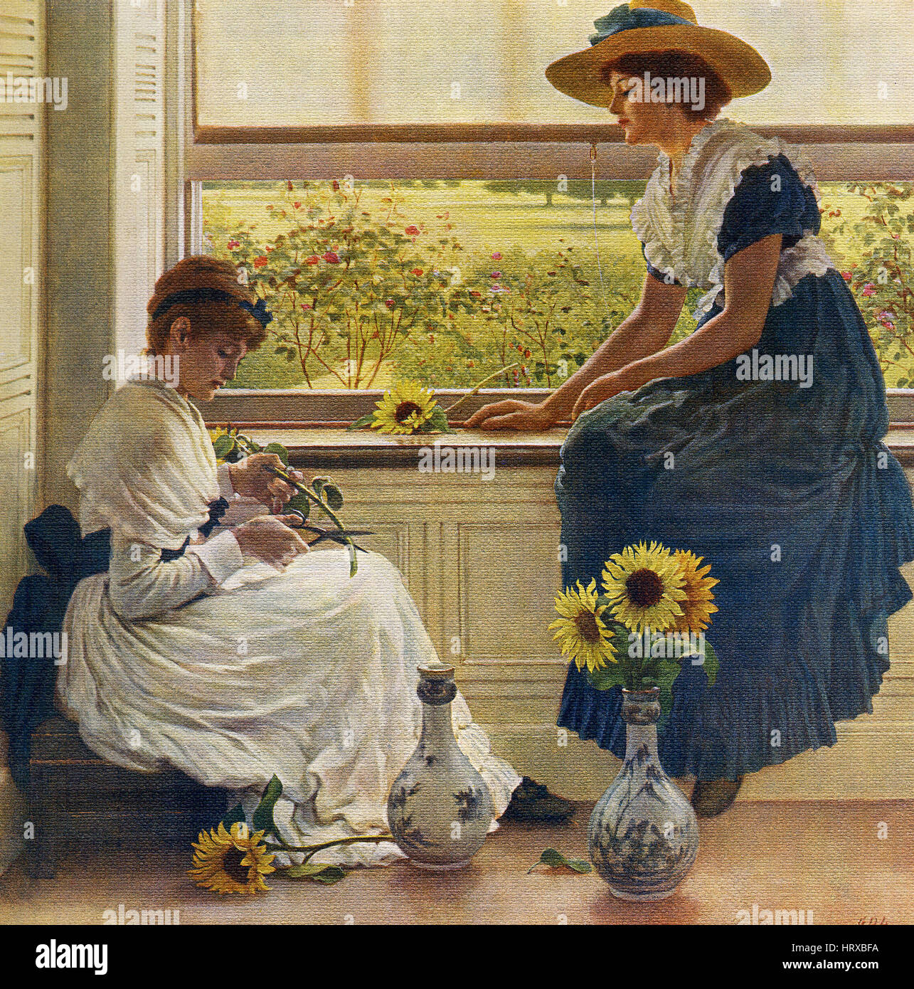 Ce tableau, intitulé "soleil et lune, fleurs' est par le peintre anglais George Dunlop Leslie (1835-1921). Dunlop a particulièrement réussi à interpréter la beauté de la femme innocente, comme ici. Cette photo a été peint en 1890 à partir d'une des fenêtres de la salle de dessin de l'artiste à Wallingford, donnant sur le jardin de la prairie sur la rive opposée de la rivière l'une des filles s'inspire de Kitty Lambert, un modèle préféré de l'Landseer. Les deux filles sont l'organisation de fleurs dans un vase. Certains des tournesols sont l'habitude d'un jaune vif, d'autres, qui dit "oonflowers Landseer,' sont fa Banque D'Images