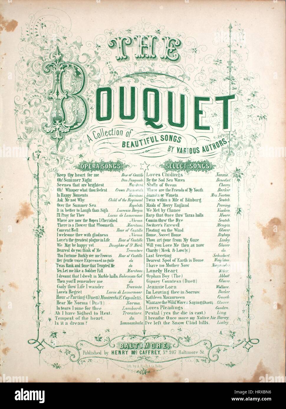 Sheet Music image de couverture de la chanson 'Kathleen Mavourneen série intitulé Le bouquet Une collection de belles chansons', avec une œuvre originale composée par "Lecture Notes in Crouch', United States, 1900. L'éditeur est répertorié comme "Henry McCaffrey, No207 Baltimore St.', la forme de composition trophique', 'est l'instrumentation est 'piano et voix", la première ligne se lit 'Kathleen Mavourneen l'aube gris brise', et l'illustration artiste est répertorié comme 'Lith. par A. Hoen et Co. Balto.'. Banque D'Images