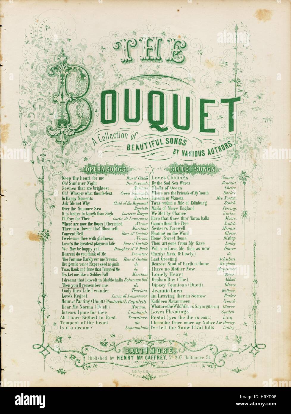 Sheet Music image de couverture de la chanson 'Alors vous Se souvenir de moi série intitulé Le bouquet Une collection de belles chansons, avec des notes de l'auteur original à lire 'Mots par Alfred Bunn, Esqr Musique par MW Balfe', United States, 1900. L'éditeur est répertorié comme "Henry McCaffrey, n° 207, rue de Baltimore', la forme de composition trophique', 'est l'instrumentation est 'piano et voix", la première ligne se lit 'lorsque d'autres lèvres et d'autres cœurs leurs histoires d'amour s' tll, et l'illustration artiste est répertorié comme 'Lith. par A. Hoen et Co. Balto. ; Gillingham'. Banque D'Images