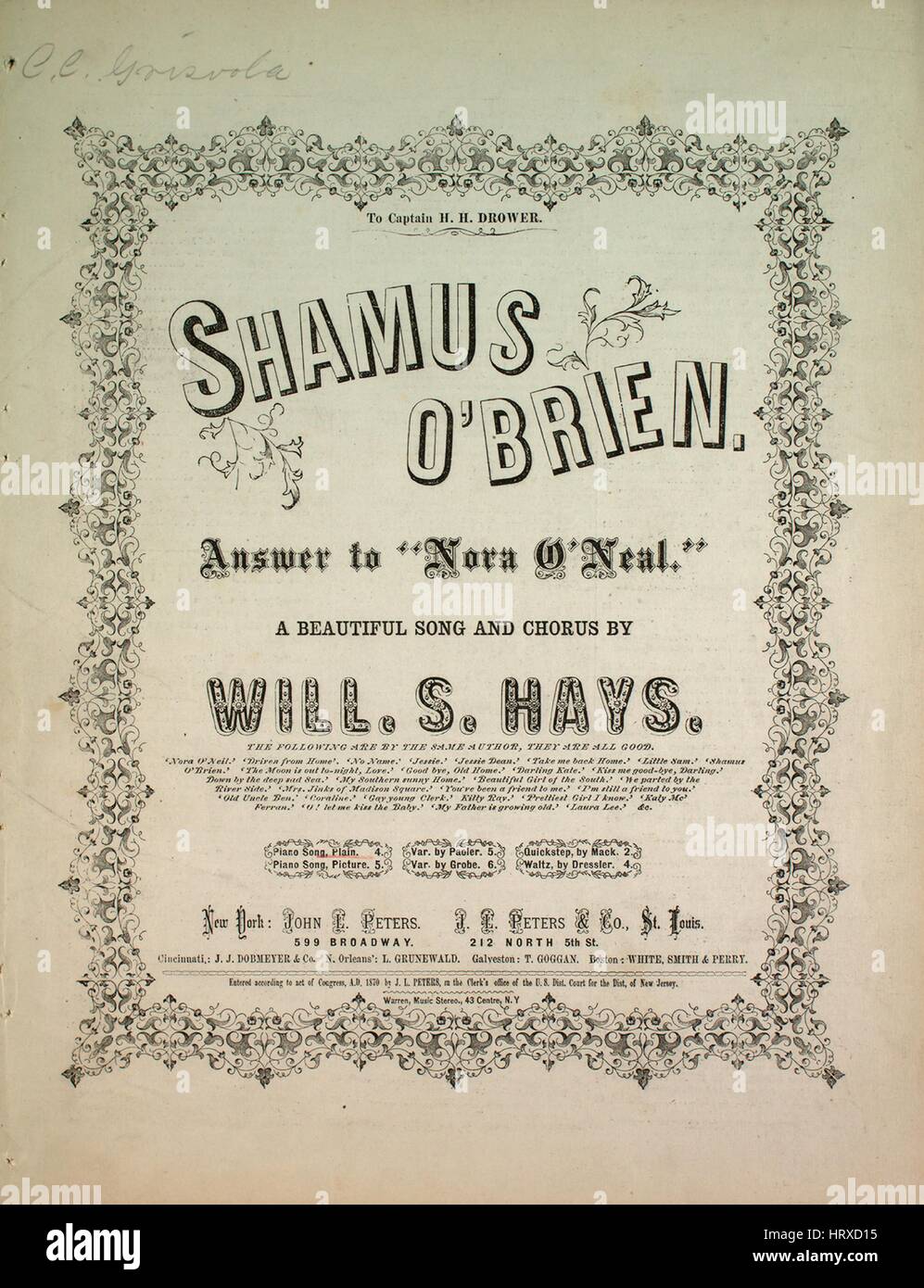 Image de couverture partitions de la chanson 'Shamus O'Brien Réponse à 'Nora  O'Neal' une belle chanson et de Chorus', avec l'auteur original "Lecture  notes Paroles et musique d'VA S Hays, États-Unis, 1870.