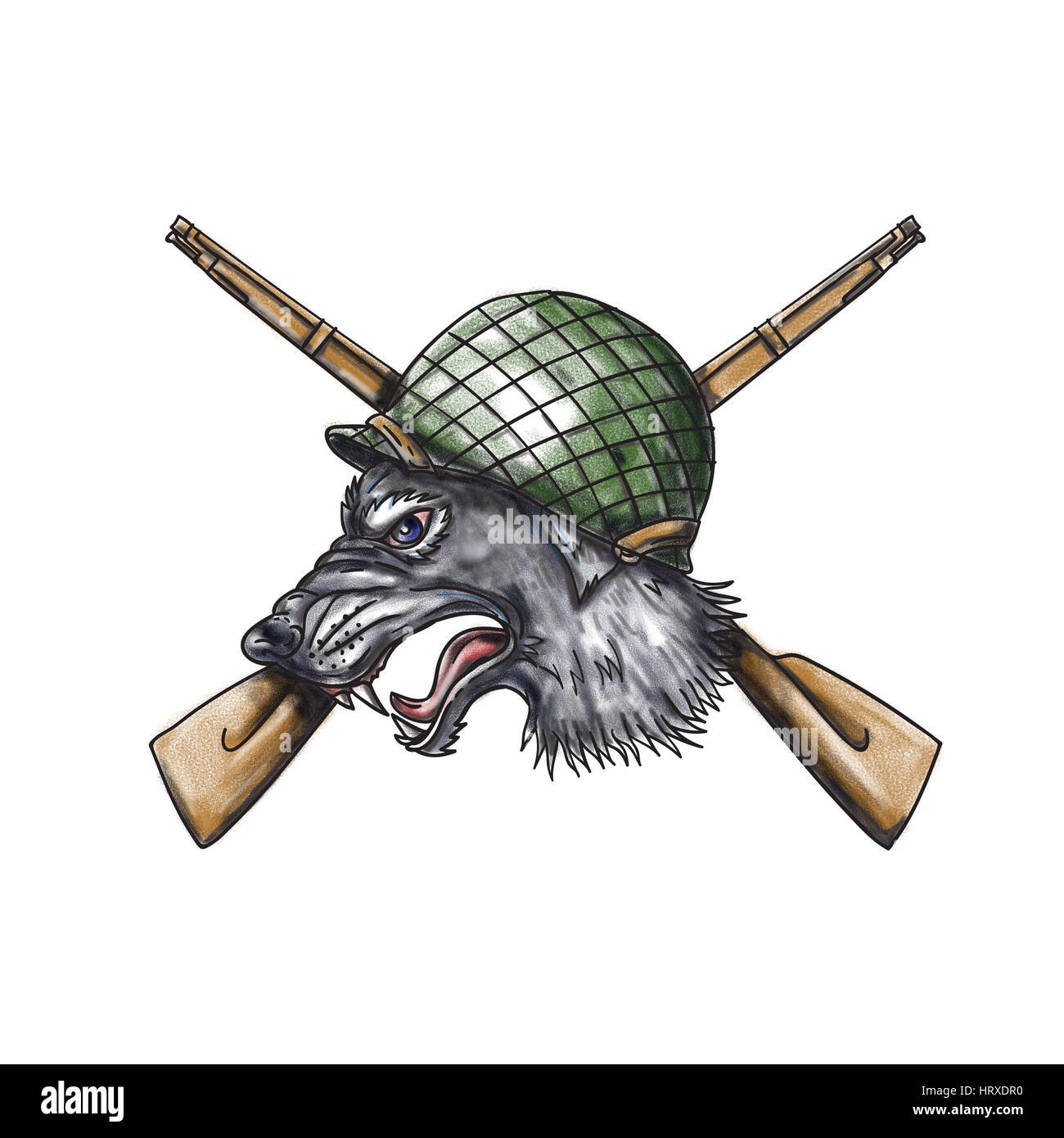 Illustration d'un style de tatouage tête de loup gris portant la seconde guerre mondiale, deux fusils croisés avec casque à l'arrière-plan depuis le côté. Banque D'Images