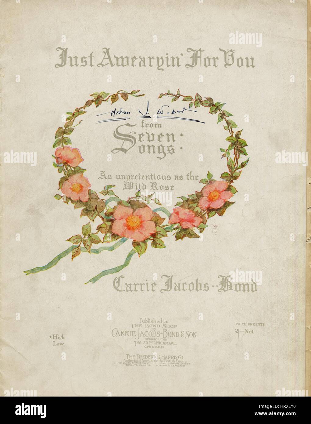 Sheet Music image de couverture de la chanson "JUSTE UN-wearyin' pour vous à partir de sept chansons sans prétention comme que le Wild Rose', avec une œuvre originale note lire 'Carrie Jacobs-Bond', United States, 1901. L'éditeur est répertorié comme "le lien Shop par Carrie Jacobs-Bond, 746 So. Michigan Avenue.', la forme de composition trophique est 's(accompagnement varié sur second couplet)', l'instrumentation est 'piano et voix", la première ligne se lit "Juste un-wearyin' pour vous, tout le temps Feelin' blue', et l'illustration artiste est répertorié comme 'Aucun'. Banque D'Images