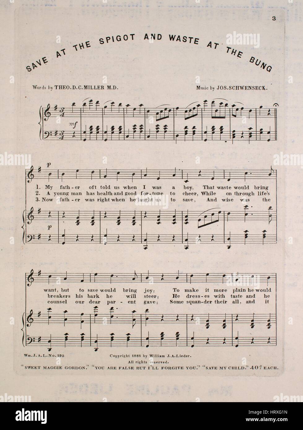 Sheet Music image de couverture de la chanson 'Lieder's American  Compositions protégées par le droit d'enregistrer des chansons et de  l'étape du robinet et des déchets à la Bonde, avec des notes