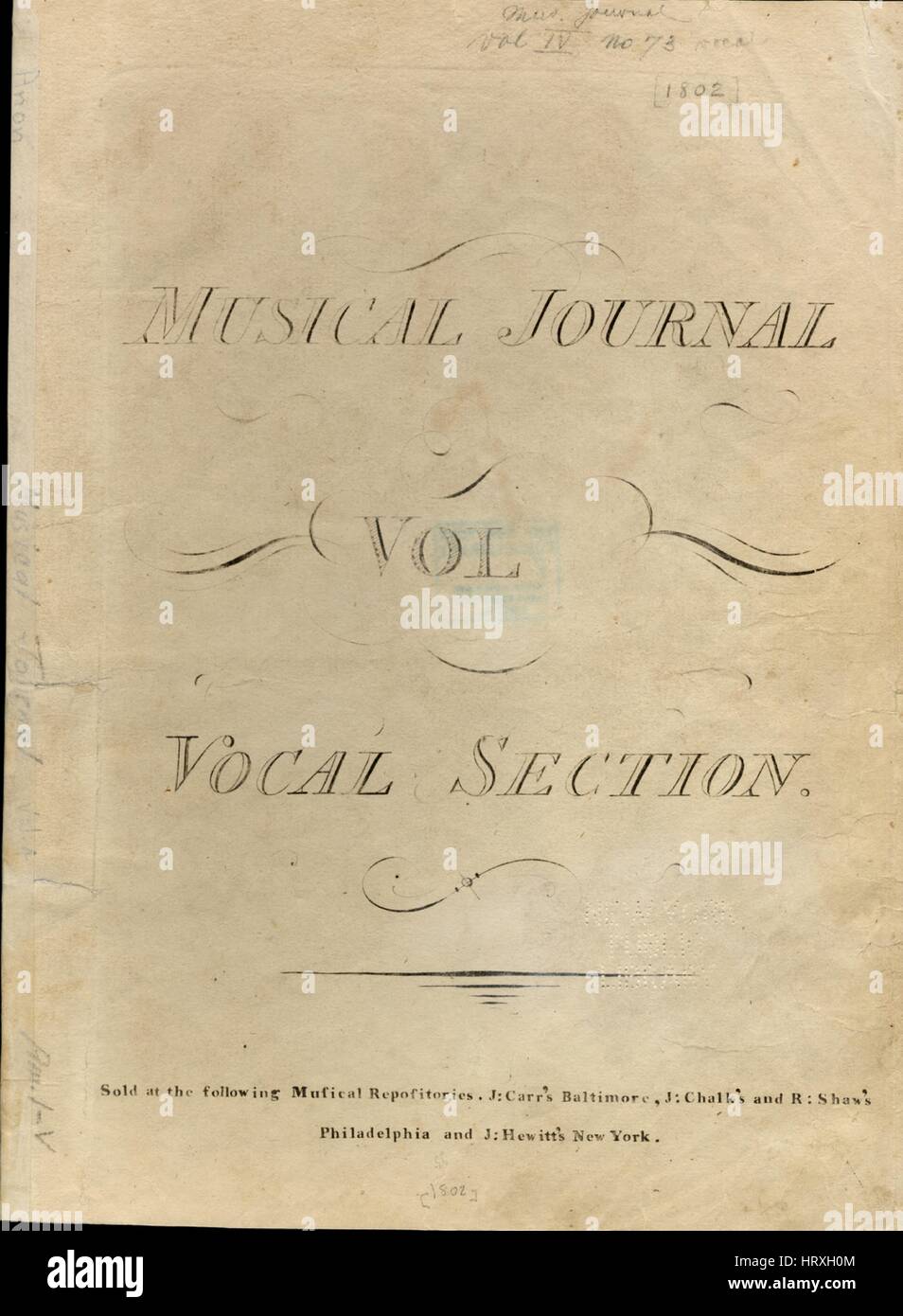 Sheet Music image de couverture de la chanson 'l'épine une ballade Favorite série titre Musical Journal Section Vocal No73', avec une œuvre originale lecture notes 'La Musique par dispositif de la poésie par Burns, United States, 1802. L'éditeur est répertorié comme "Carr's Music Store, Decr. 13', la forme de la composition est 'aba', l'instrumentation est 'piano et voix", la première ligne se lit "de l'oranger blanc prunelle mon cher Cloe a demandé un brin juste brest [sic] d'adron', et l'illustration artiste est répertorié comme 'Aucun'. Banque D'Images
