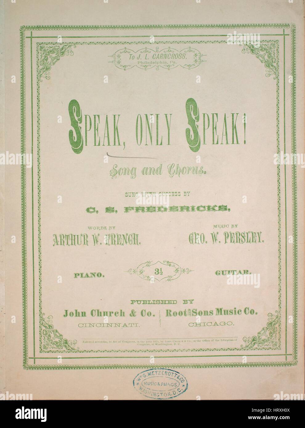 Image De Couverture Partitions De La Chanson Speak Ne Parlez Chanson Et Chorus Avec L Auteur Original Lecture Notes Mots Par Arthur W Musique Francaise Par Geo W Persley 1875 L Editeur Est