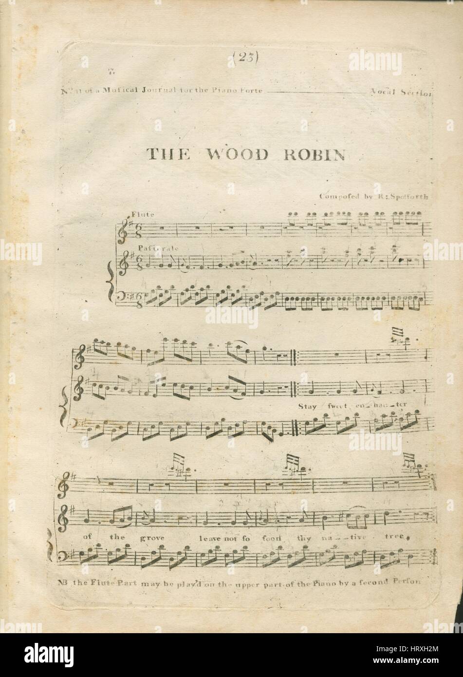 Sheet Music image de couverture de la chanson 'le bois Robin Titre de la série n° 11 d'une revue musicale pour le piano-forte Section Vocal', avec l'auteur original "Lecture notes composées par Sposforth R', 1900. L'éditeur est répertorié comme 'n.p.', la forme de composition trophique', 'est l'instrumentation est 'piano et voix, flûte', la première ligne se lit 'rester sweet enchanteur de la grove laissez pas si tôt ton arbre indigène", et l'illustration artiste est répertorié comme 'Aucun'. Banque D'Images