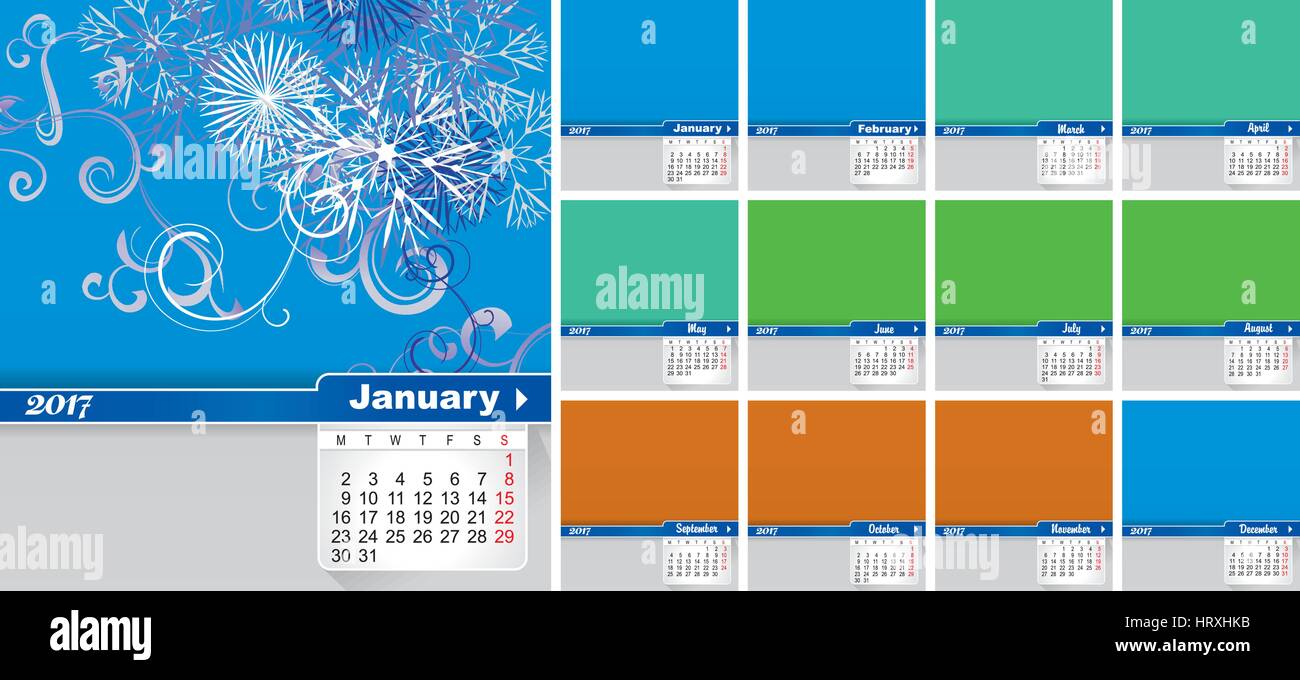 Calendrier pour l'année 2017 des carrés colorés. Image vectorielle Illustration de Vecteur