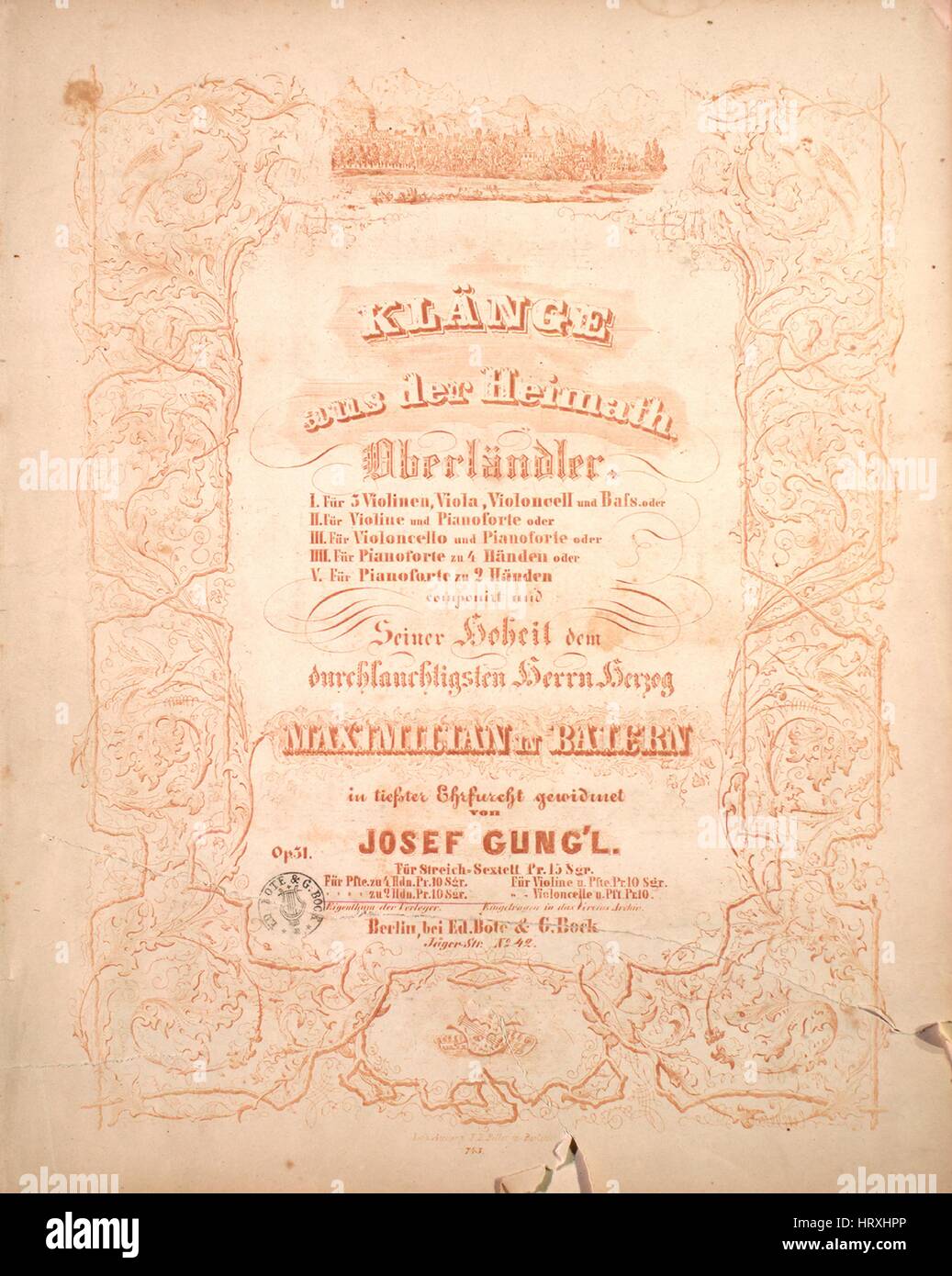 Sheet Music image de couverture de la chanson 'Klange aus der Heimath Oberlandler', avec une œuvre originale lecture notes 'von Josef Gung'l', 1900. L'éditeur est répertorié comme "bei Ed. Bote et G. Bock', la forme de la composition est 'cinq mouvements en coupe', l'instrumentation est 'piano', la première ligne se lit 'Aucun', et l'illustration artiste est répertorié comme "Lith. Atelier F.B. Feller à Berlin". Banque D'Images