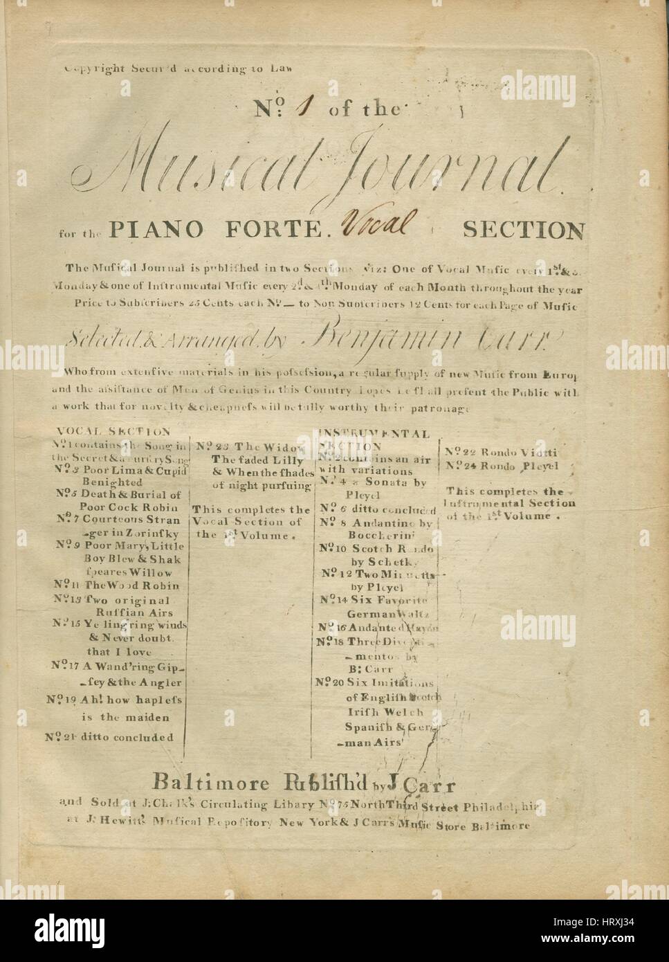 Sheet Music image de couverture de la chanson '(1) Rosa ; (2) Pretty Maids All in a row une série favorite Song Nursey titre No1 de la revue musicale pour le piano-forte Section Vocal', avec une œuvre originale lecture notes '(1) Composé par un Reinagle (2) composé de M. Hook sélectionné et organisé par Benjamin Carr', United States, 1900. L'éditeur est répertorié comme "J. Carr', la forme de la composition est '(1) strophique. (2) arrondis binaires', l'instrumentation est 'piano et voix [(2) pour duo]', la première ligne se lit '(1) rose majestueuse le dieu de jour en yon burnish lumineux avait ciel ; (2) Comment mon Lady' Banque D'Images
