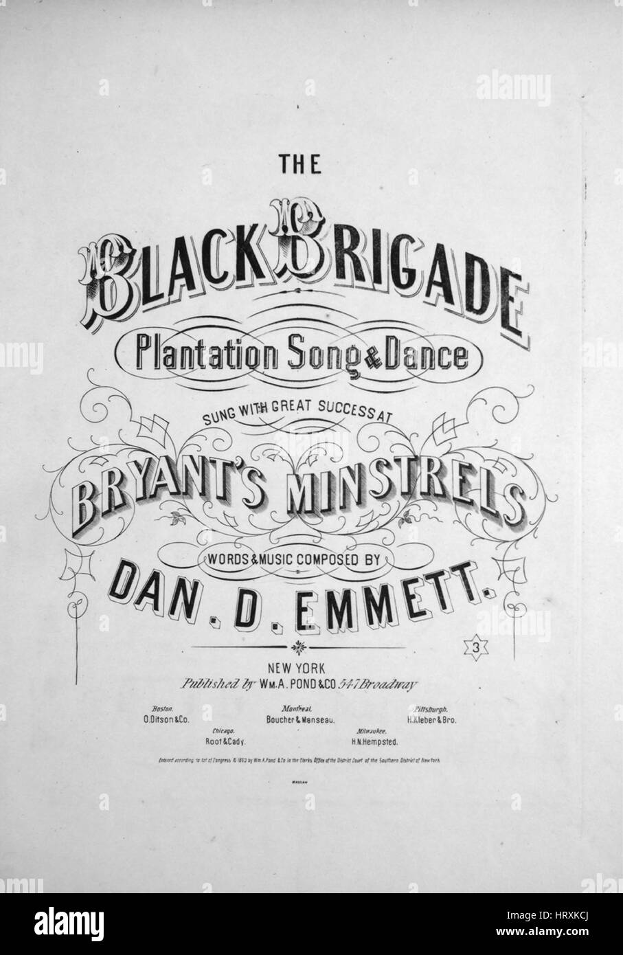 Sheet Music image de couverture de la chanson 'La Plantation Brigade noire Chants et danse', avec l'auteur original "Lecture notes Paroles et musique composée par Dan D' Emmett, United States, 1863. L'éditeur est répertorié comme "Wm. A. Pond et Co., 547 Broadway', la forme de la composition est "avec chœur trophique', l'instrumentation est 'piano et voix", la première ligne est la suivante : "ar's quelque chose de rong un brewin' Gwine de jine, à l' Union européenne, et l'illustration artiste est répertorié comme 'Wakelam'. Banque D'Images