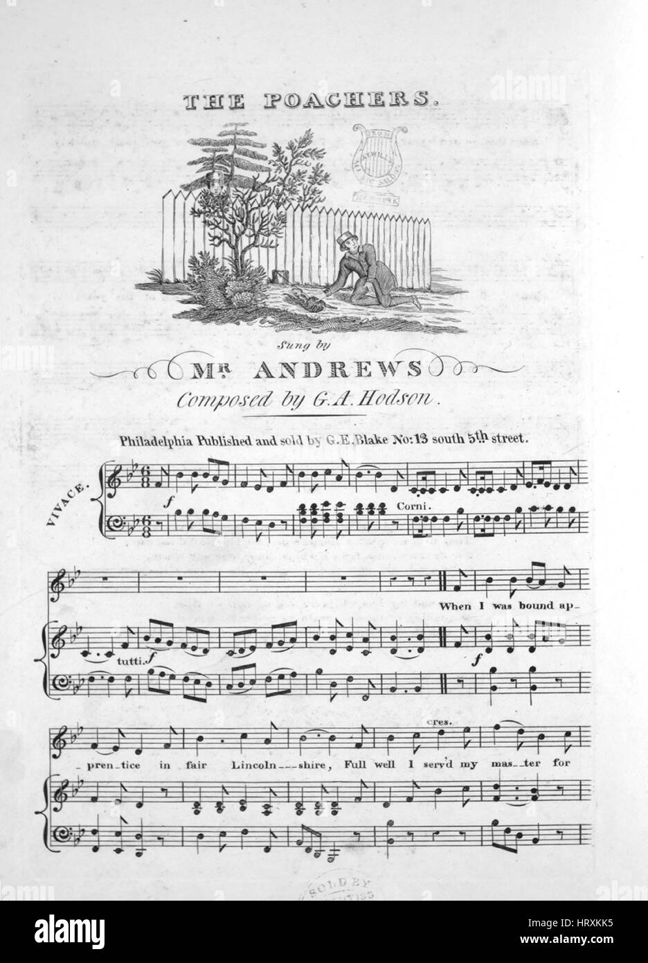 Sheet Music image de couverture de la chanson 'Les braconniers", avec les notes de l'auteur originale composée par 'lecture' Hodson GA, United States, 1900. L'éditeur est répertorié comme "G.E. Blake, No.13 South 5th Street", la forme de la composition est "avec chœur trophique', l'instrumentation est 'piano et voix", la première ligne se lit 'Quand j'étais apprenti lié dans le Lincolnshire, juste très bien j'avais serv mon maître depuis plus de sept ans", et l'illustration artiste est répertorié comme 'Aucun'. Banque D'Images