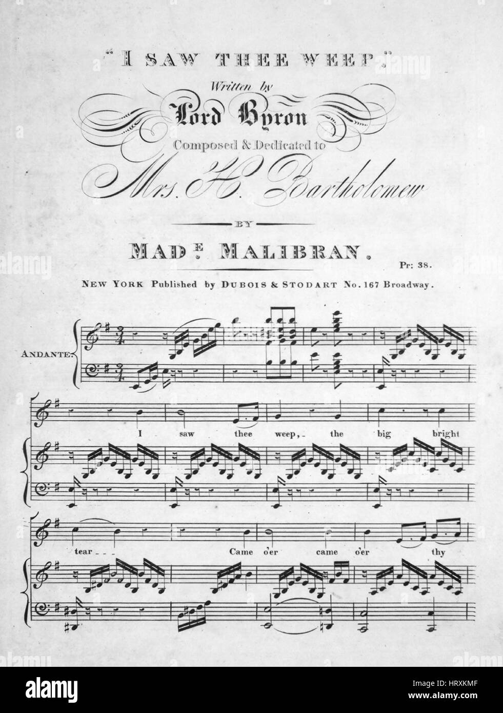 Sheet Music image de couverture de la chanson 'J'ai vu toi pleurer', avec  l'auteur original "Lecture notes Écrit par Lord Byron composé par Made  Malibran', United States, 1900. L'éditeur est répertorié comme '