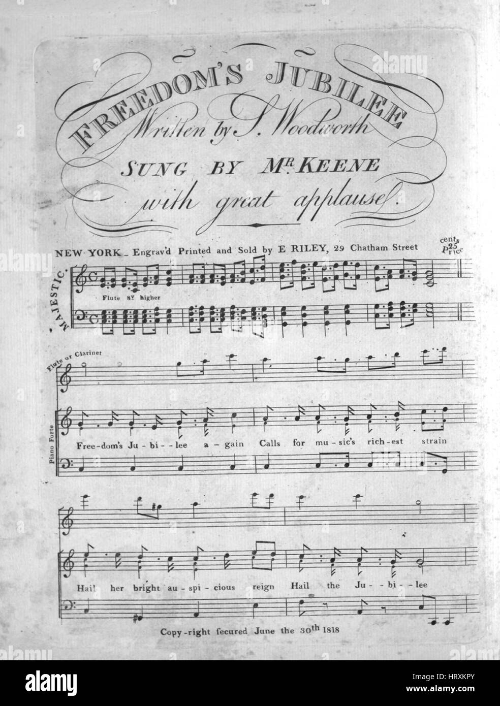 Sheet Music image de couverture de la chanson 'liberté' du Jubilé, avec notes de l'auteur original à lire 'Written by Woodworth', United States, 1818. L'éditeur est répertorié comme "E. Riley, 29 rue Chatham', la forme de composition trophique', 'est l'instrumentation est 'piano et voix, flûte', la première ligne se lit 'Freedom's Jubilee demande encore une fois pour les plus riches de la musique, et la souche' illustration artiste est répertorié comme 'Aucun'. Banque D'Images