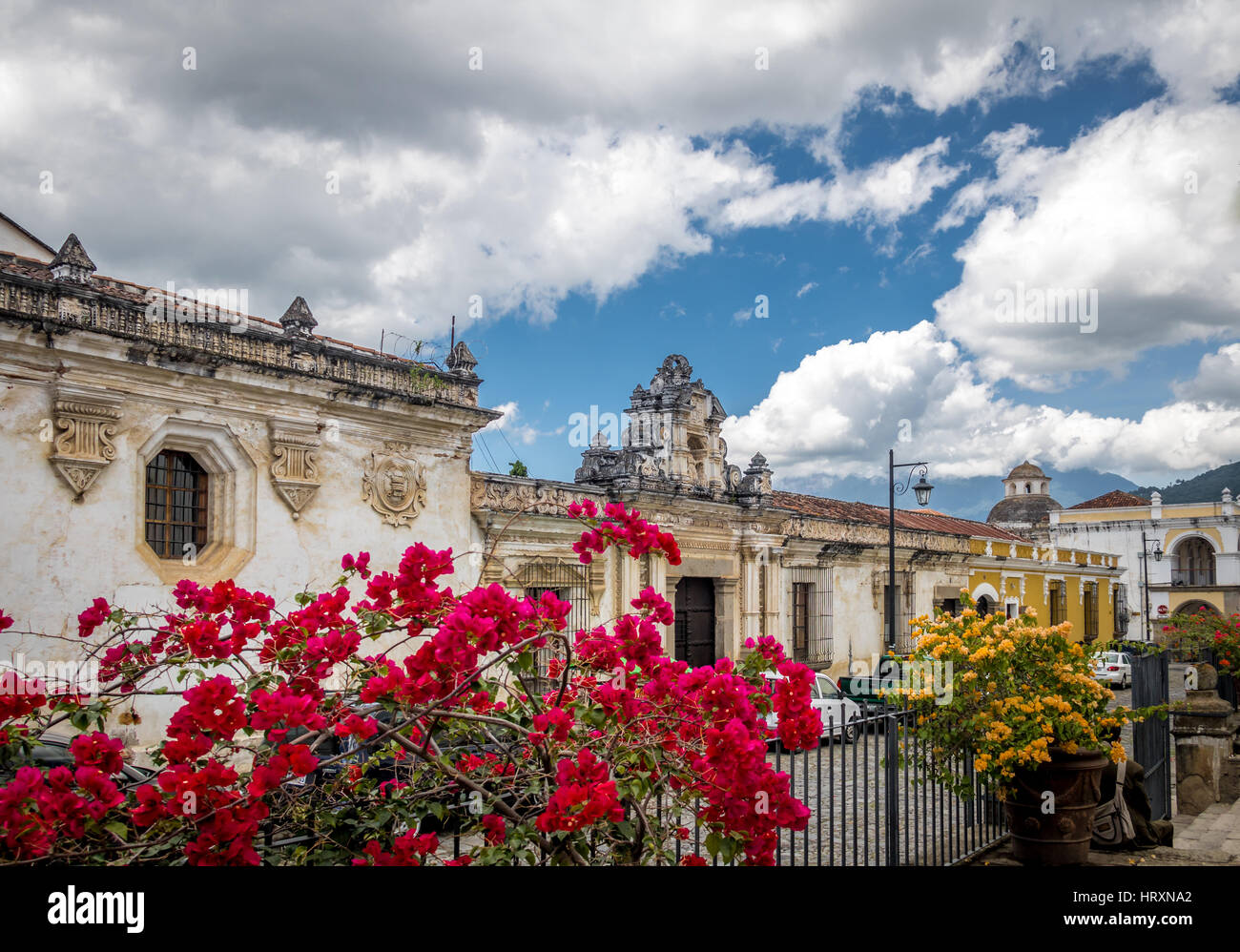 Bâtiments coloniaux et fleurs - Antigua, Guatemala Banque D'Images