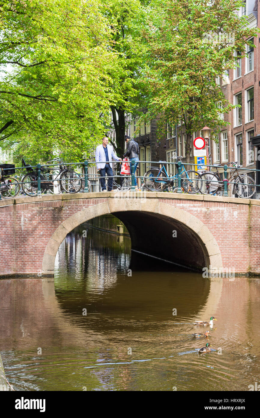 Les touristes s'arrêtent sur Pont sur canal pour regarder les canards dans l'eau à Amsterdam Banque D'Images