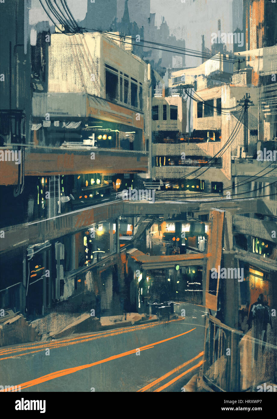 Sci fi cityscape avec bâtiments futuristes,illustration peinture numérique Banque D'Images